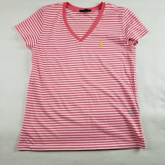 Ralph Lauren Tops - Ralph Lauren V Neck Shirt Womens Medium Coral Stripe Short Sleeve Pony Top Tee